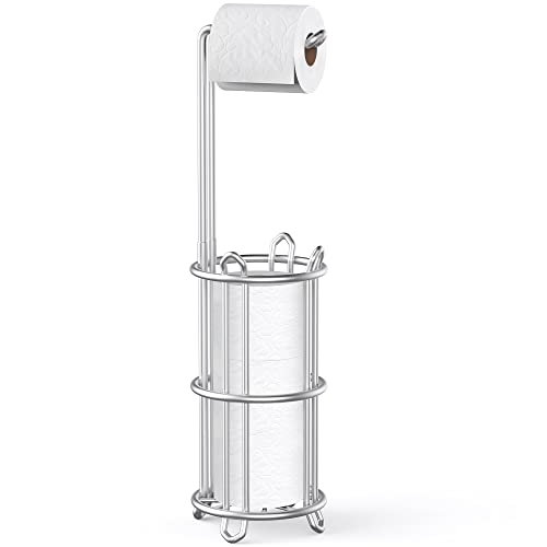 Meangood Toilet Paper Holder Stand and Tissue Paper Roll Dispenser for 4 Mega Rolls, Bathroom Free Standing Tissue Roll Storage Holder Rack, Metal Wire Silver - Image 1