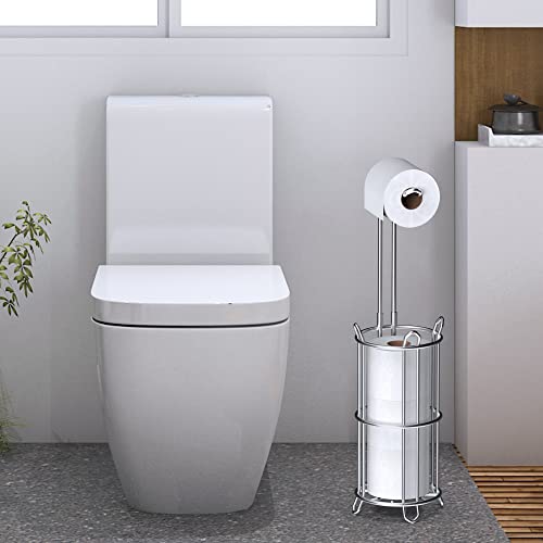 Meangood Toilet Paper Holder Stand and Tissue Paper Roll Dispenser for 4 Mega Rolls, Bathroom Free Standing Tissue Roll Storage Holder Rack, Metal Wire Silver - Image 2