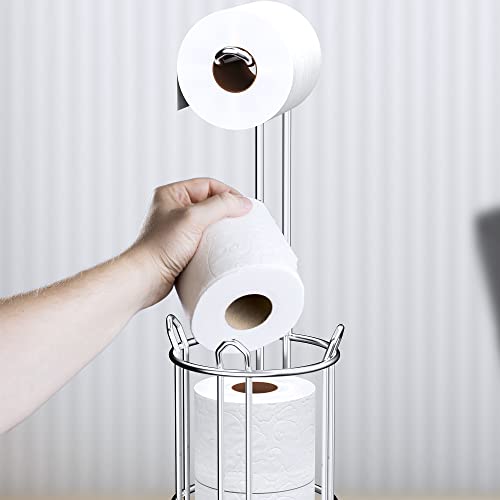 Meangood Toilet Paper Holder Stand and Tissue Paper Roll Dispenser for 4 Mega Rolls, Bathroom Free Standing Tissue Roll Storage Holder Rack, Metal Wire Silver - Image 4