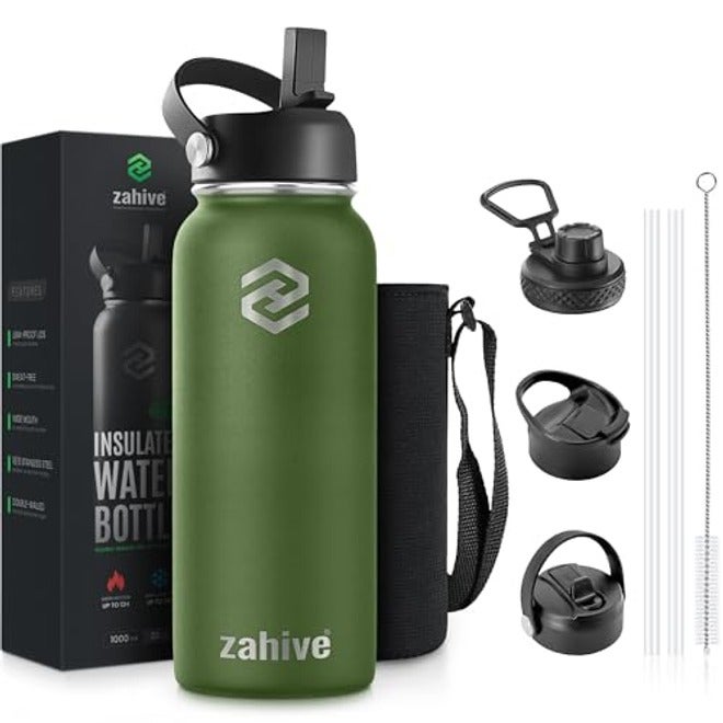 Zahive 1L Insulated Stainless Steel Water Bottle with 3 Lids & Bag - Leak-Proof Flask for Hot & Cold Drinks