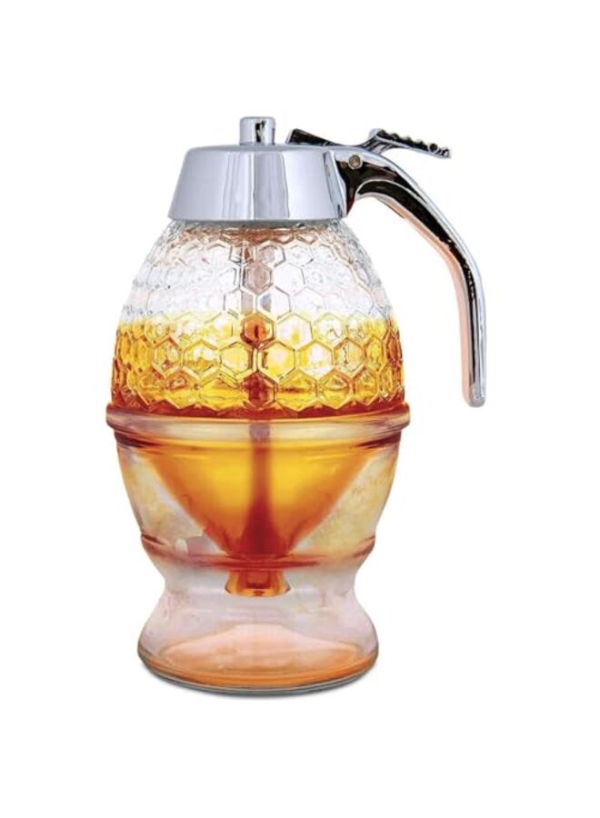 8oz No Drip Glass Honey Dispenser with Stand - Honeycomb-Style Syrup Server and Bee-Themed Storage Jar - Clear Container for Honey, Maple Syrup - Image 1