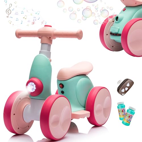JoyRydz 6V Electric Baby Balance Bike with Bubble Machine4 in 1 Toddler Balance Bike wRemote for 1 Year Old Boys Girls Kids Bubble Bike Ride on Toys wPowered MotorMusicLED Lights GreenRed - Image 1