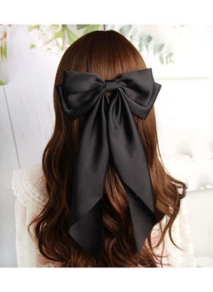 Hair Bow Women Satin Hair Bow Clip Large Silky Hair Barrettes With Big Ribbon Large Vintage Bow Clip For Hair Accessories (Black)