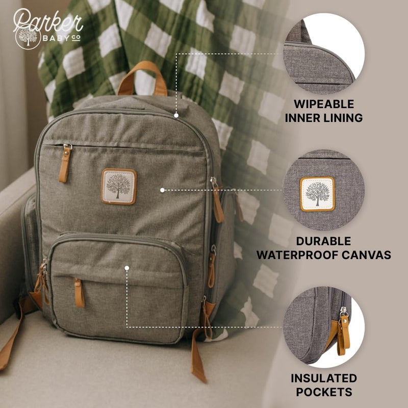 Parker Baby Co. Parker Baby Diaper Backpack - Full Zip Diaper Bag with Insulated Pockets - Gray - Image 3