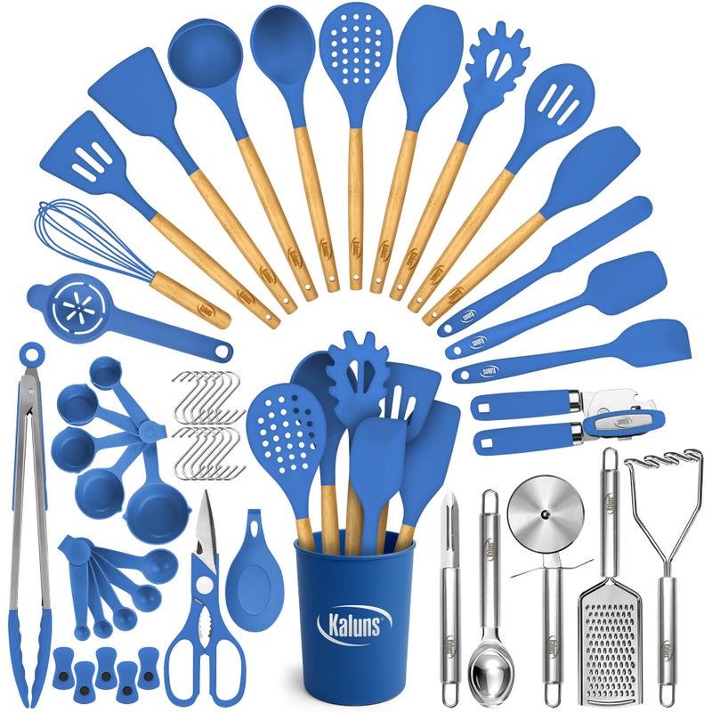 Kaluns 50 PCS Silicone Kitchen Utensils Set Complete Kitchen Set - 800Â°F Heat Resistant Non-Stick Premium Cooking Utensils W Wooden Handles - Can Opener, Masher, Turner, Silicone Spatula Set - Image 1