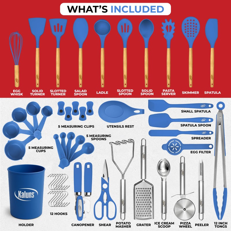 Kaluns 50 PCS Silicone Kitchen Utensils Set Complete Kitchen Set - 800Â°F Heat Resistant Non-Stick Premium Cooking Utensils W Wooden Handles - Can Opener, Masher, Turner, Silicone Spatula Set - Image 3