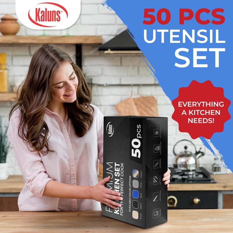 Kaluns 50 PCS Silicone Kitchen Utensils Set Complete Kitchen Set - 800Â°F Heat Resistant Non-Stick Premium Cooking Utensils W Wooden Handles - Can Opener, Masher, Turner, Silicone Spatula Set - Image 4
