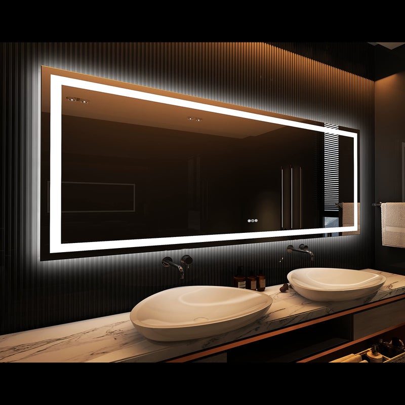 مرآة حمام LED أموره 84 × 32 مع إضاءة أمامية وخلفية مرآة حائط كبيرة قابلة للتعتيم مع خاصية مضادة للضباب ومقاومة للكسر ذاكرة 3 ألوان مرآة تجميل مزدوجة LED