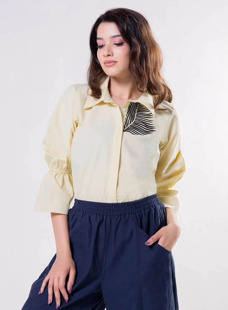 Zigzag Leaf Embroidered Shirt Top-Yellow