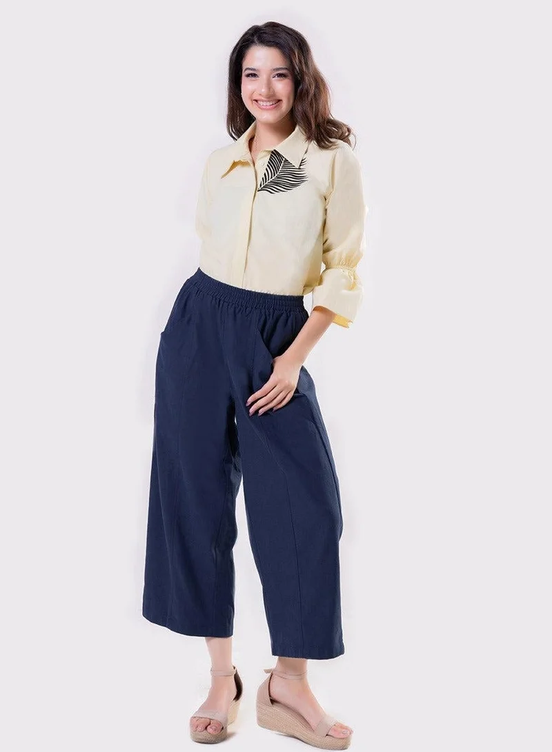 Zigzag Leaf Embroidered Shirt Top-Yellow