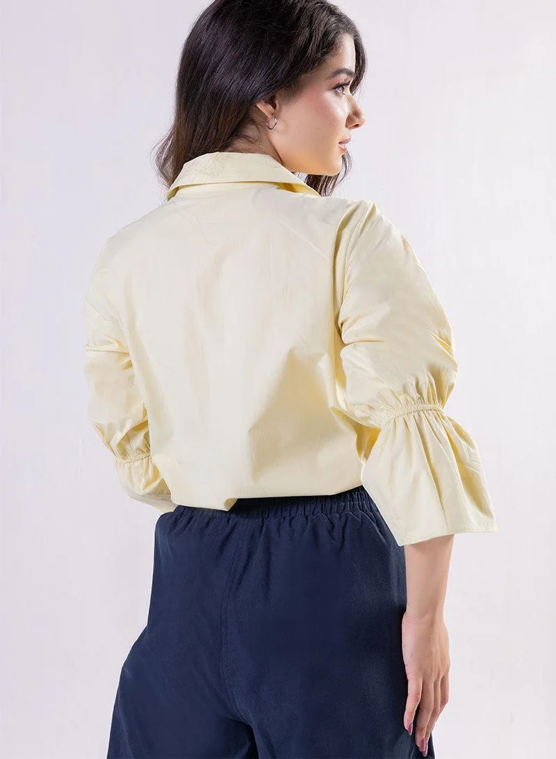 Zigzag  Leaf Embroidered Shirt Top-Yellow for Women | Best Price UAE