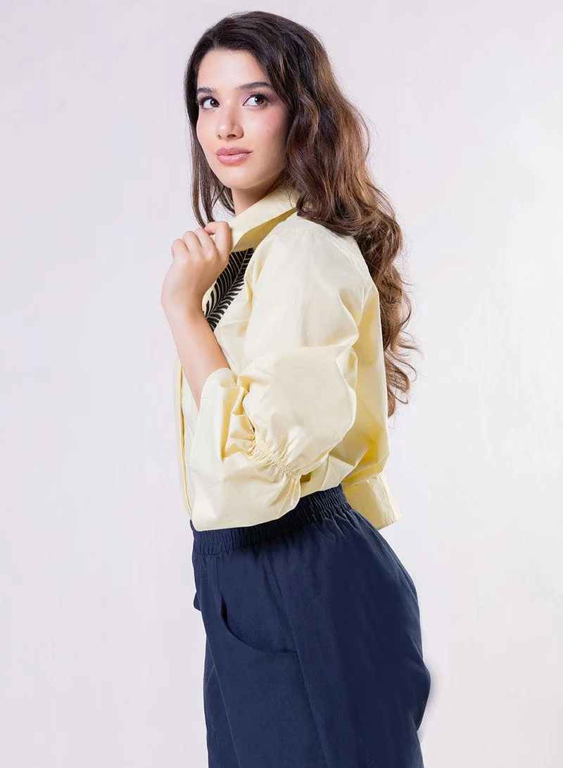 Zigzag  Leaf Embroidered Shirt Top-Yellow for Women | Best Price UAE