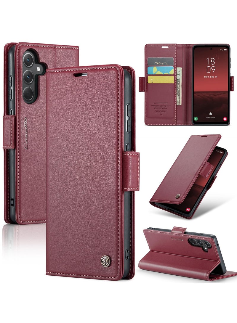 CaseMe Phone Case Luxury PU Leather Design Anti Fingerprint 023 Flip Cover Card Slot Holder Cover For Samsung Galaxy A35 (Red) - Image 1