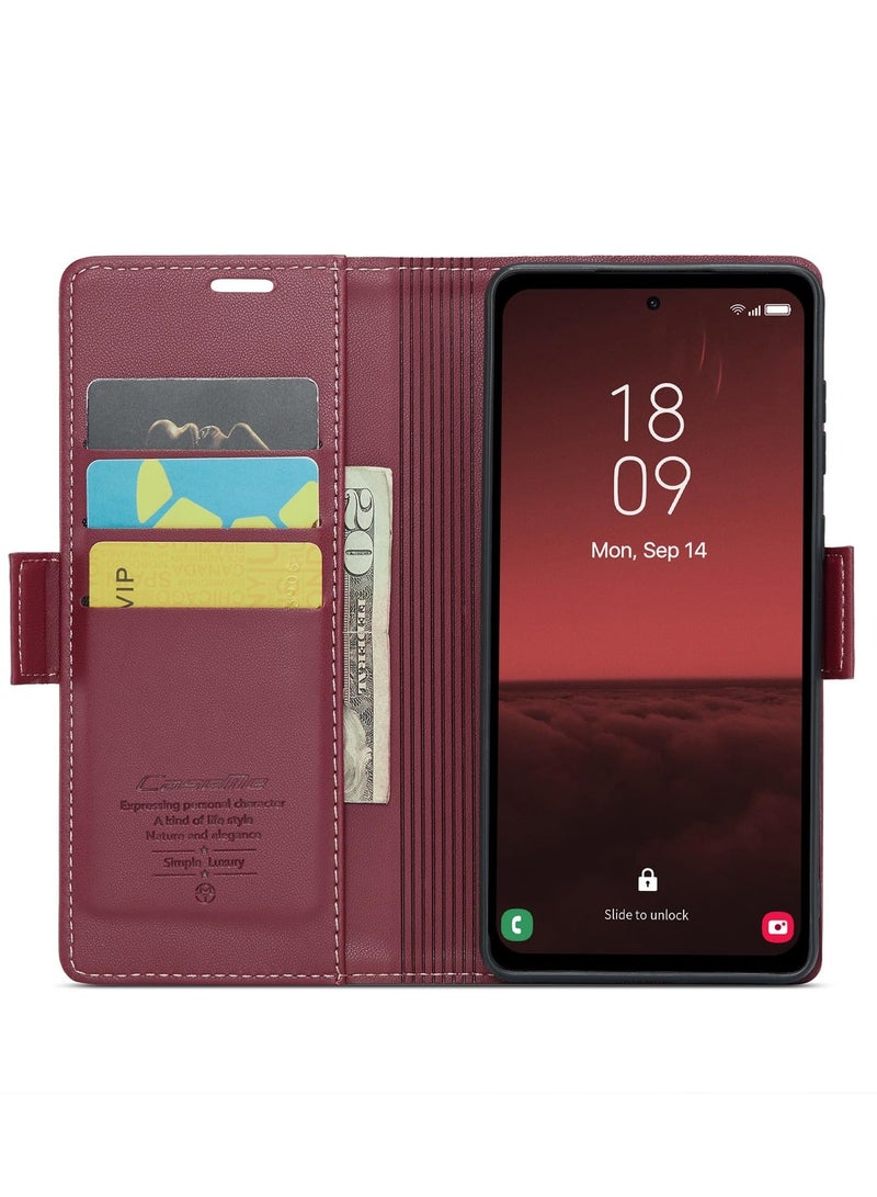 CaseMe Phone Case Luxury PU Leather Design Anti Fingerprint 023 Flip Cover Card Slot Holder Cover For Samsung Galaxy A35 (Red) - Image 3