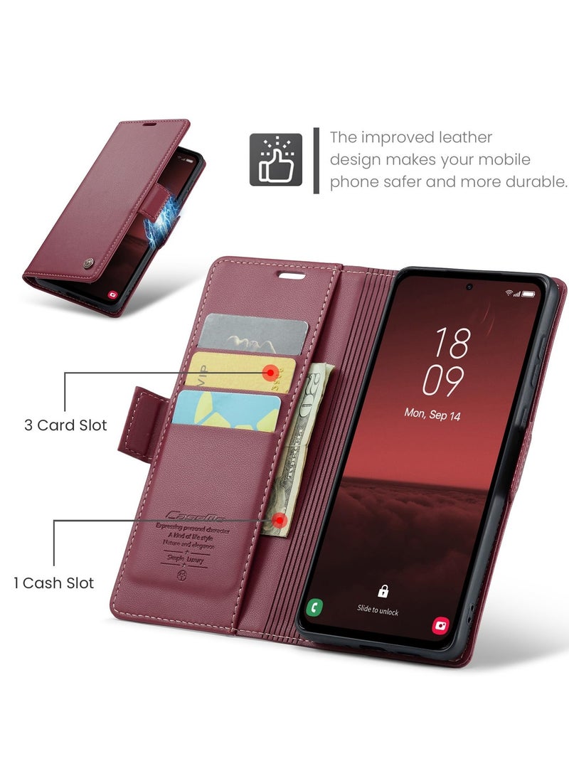 CaseMe Phone Case Luxury PU Leather Design Anti Fingerprint 023 Flip Cover Card Slot Holder Cover For Samsung Galaxy A35 (Red) - Image 5