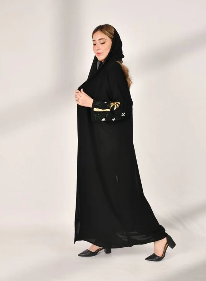 HAWRAA ABAYA Black wrap abaya with golden palm tree and silver camel embroidery - Saudi National Day design