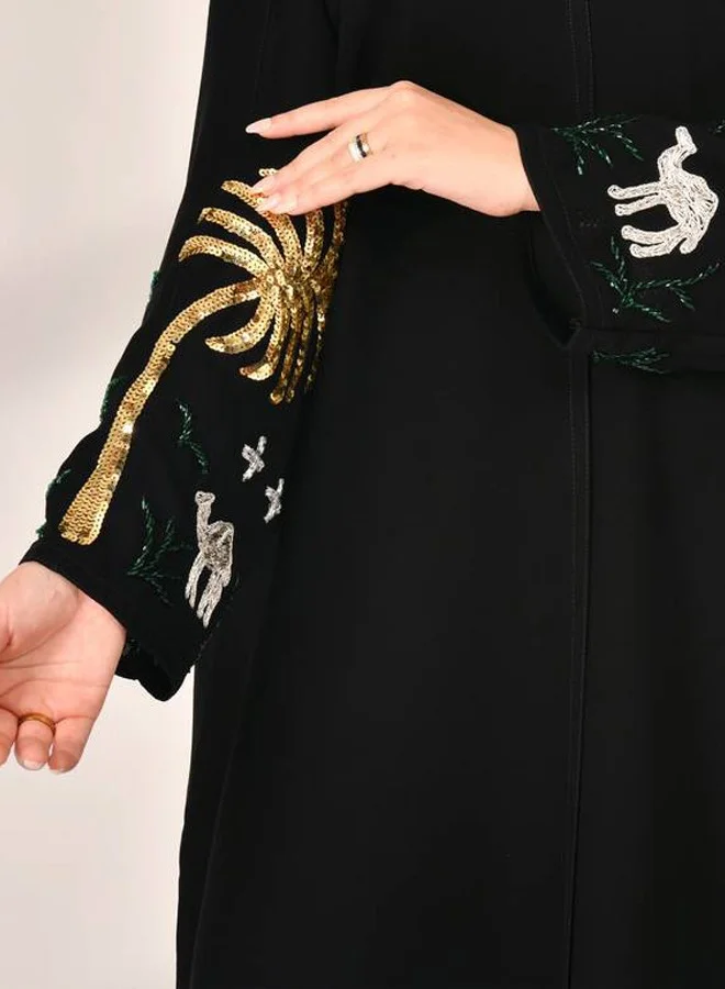HAWRAA ABAYA Black wrap abaya with golden palm tree and silver camel embroidery - Saudi National Day design