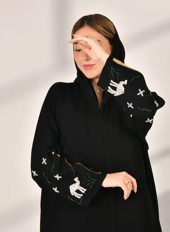 HAWRAA ABAYA Black wrap abaya with golden palm tree and silver camel embroidery - Saudi National Day design