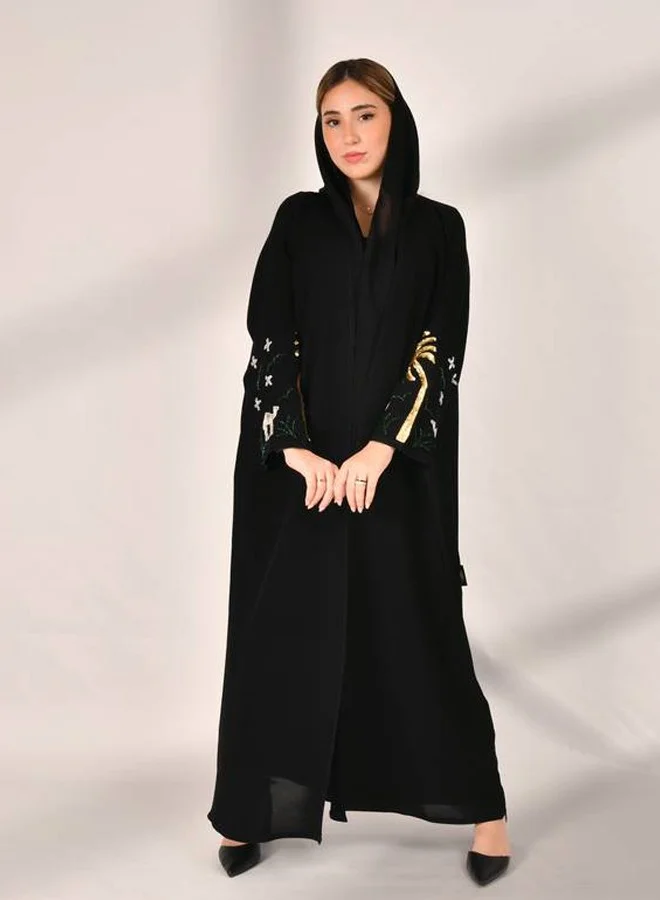HAWRAA ABAYA Black wrap abaya with golden palm tree and silver camel embroidery - Saudi National Day design