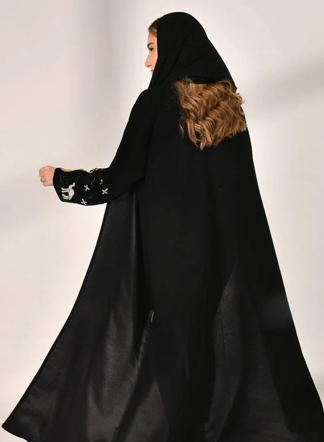 HAWRAA ABAYA Black wrap abaya with golden palm tree and silver camel embroidery - Saudi National Day design