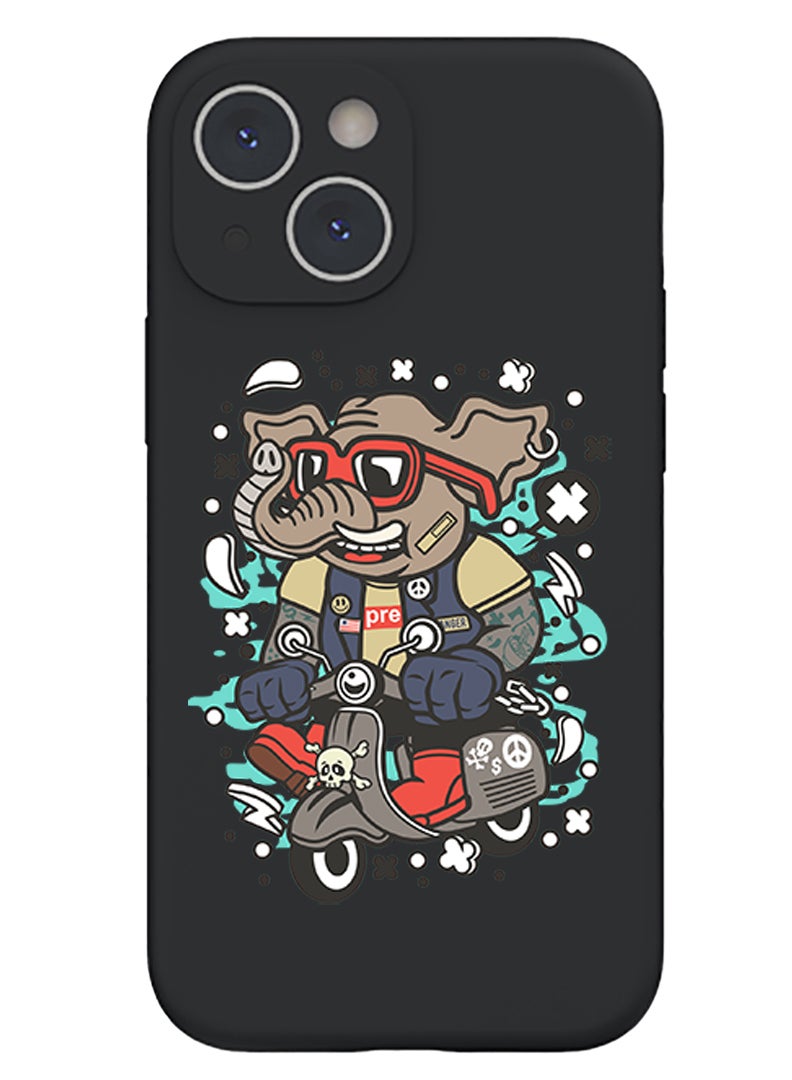 Theodor Protective Slim Fit Case Liquid Silicone Cover with Full Body Protection Anti-Scratch Shockproof Case For iPhone 15 Plus Black - Elephant on bike - Image 1