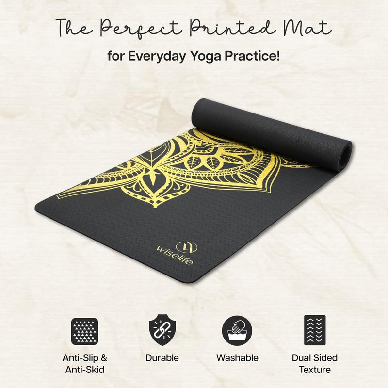 WISELIFE Printed Yoga Mat + Yoga Strap (Tpe Material 6Mm Extra Thick Extra Long And Wide Exercise Mat For Workout, Fitness, Yoga And Pilates) (Mettalic), Black - Image 3