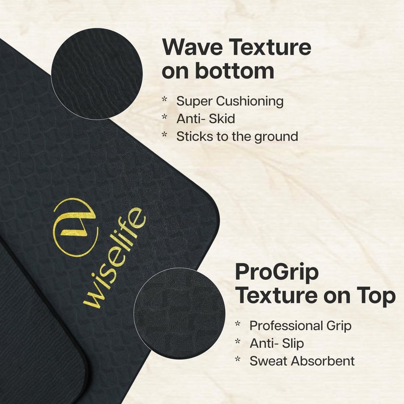 WISELIFE Printed Yoga Mat + Yoga Strap (Tpe Material 6Mm Extra Thick Extra Long And Wide Exercise Mat For Workout, Fitness, Yoga And Pilates) (Mettalic), Black - Image 5
