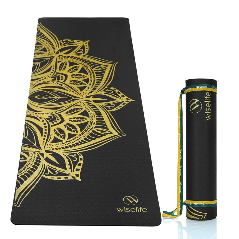 WISELIFE Printed Yoga Mat + Yoga Strap (Tpe Material 6Mm Extra Thick Extra Long And Wide Exercise Mat For Workout, Fitness, Yoga And Pilates) (Mettalic), Black - Image 1