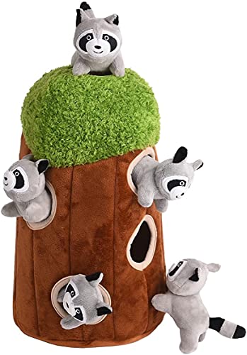 Glow Pups Dog Puzzle Plush Toy Tree with Squeaky Raccoons Interactive Hide and Seek Fun Promotes Mental Stimulation Large Size BrownGray Plush 5Pack Raccoon in Tree Large - Image 1