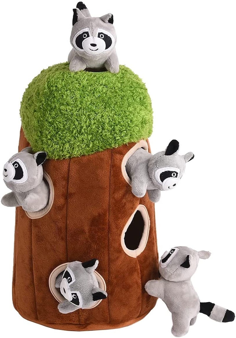 Glow Pups Dog Puzzle Plush Toy Tree with Squeaky Raccoons Interactive Hide and Seek Fun Promotes Mental Stimulation Large Size BrownGray Plush 5Pack Raccoon in Tree Large - Image 2