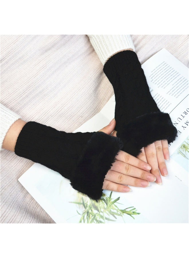 قفازات نسائية بدون أصابع، سواعد دافئة مع فرو صناعي، قفازات شتوية بدون أصابع ودافئة للمعصم - Image 4