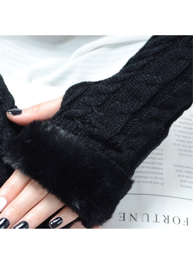 قفازات نسائية بدون أصابع، سواعد دافئة مع فرو صناعي، قفازات شتوية بدون أصابع ودافئة للمعصم - Image 2