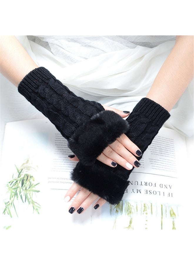 قفازات نسائية بدون أصابع، سواعد دافئة مع فرو صناعي، قفازات شتوية بدون أصابع ودافئة للمعصم - Image 3