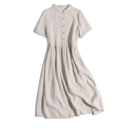 Womens Cotton Linen Short-sleeved dress Loose High-waist Slimming Solid Color Casual A- line Skirt Hemp true color