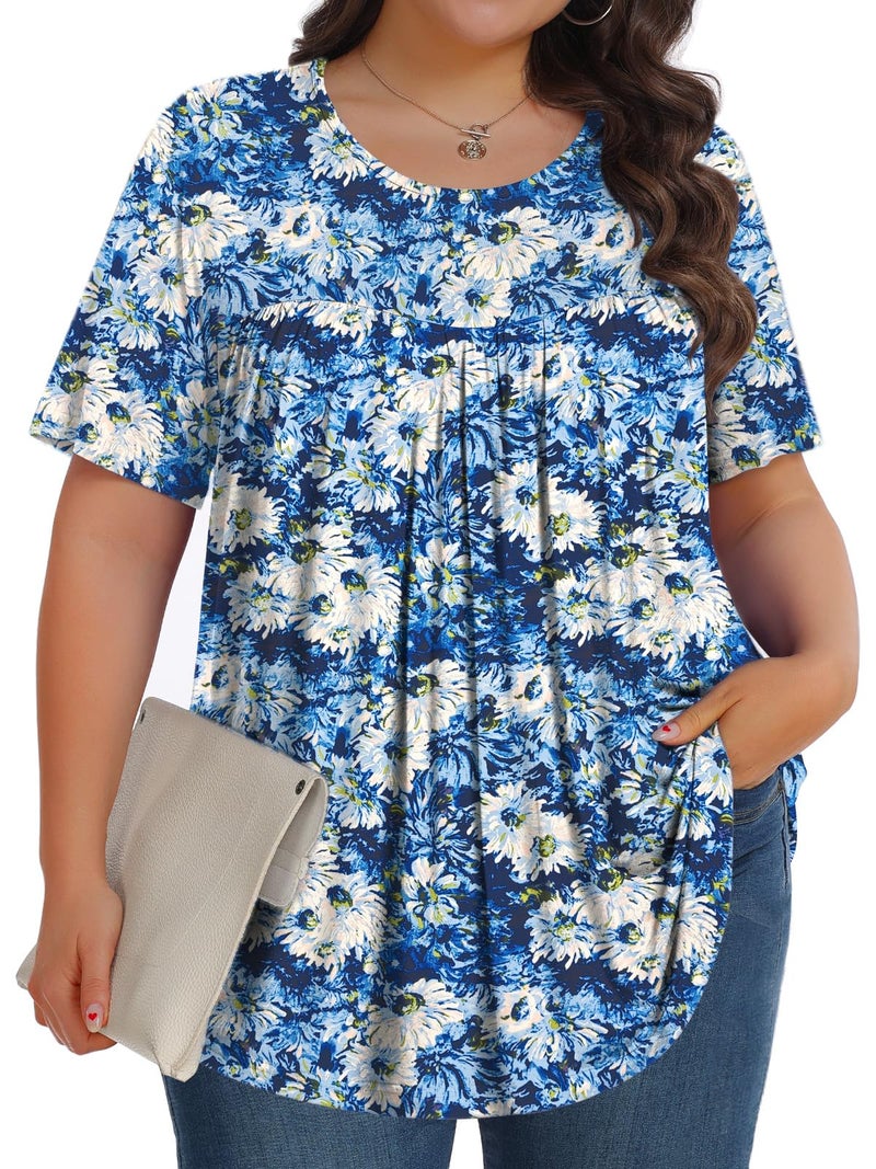 Tencede Womens Plus Size Tops Tunic Short Sleeve Crew Neck Shirts Casual Soft Blouse White Chrysanthemum 3X - Image 1