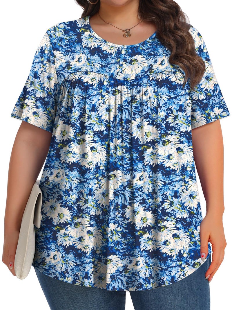 Tencede Womens Plus Size Tops Tunic Short Sleeve Crew Neck Shirts Casual Soft Blouse White Chrysanthemum 3X - Image 3