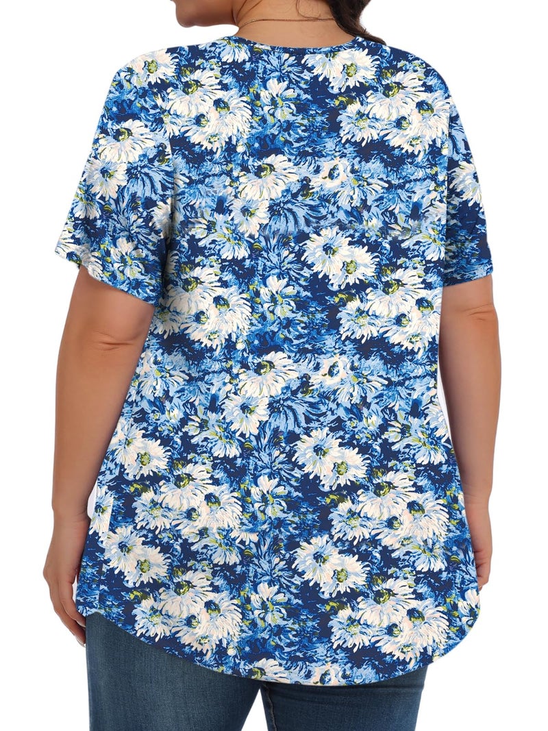Tencede Womens Plus Size Tops Tunic Short Sleeve Crew Neck Shirts Casual Soft Blouse White Chrysanthemum 3X - Image 4