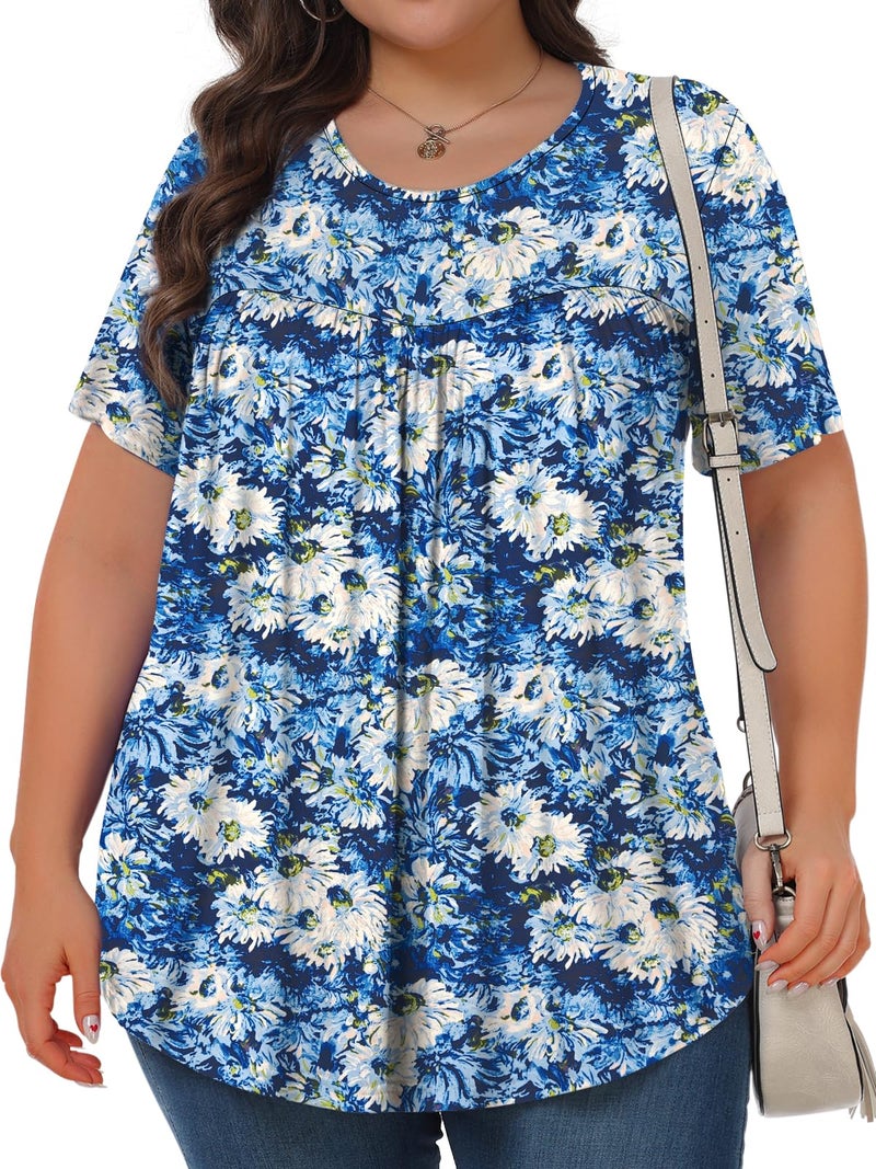 Tencede Womens Plus Size Tops Tunic Short Sleeve Crew Neck Shirts Casual Soft Blouse White Chrysanthemum 3X - Image 2