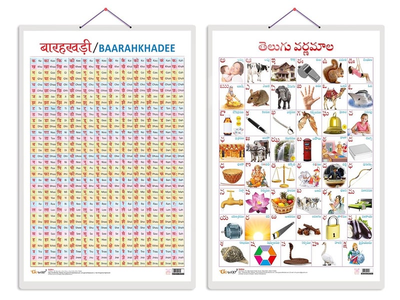 GoWoo Set of 2 Baarahkhadee and Telugu Alphabet (Telugu) Early Learning Educational Charts for Kids | 20"X30" inch |Non-Tearable and Waterproof | Double Sided Laminated | Perfect for Homeschooling, Kindergarten and Nursery Students - Image 1