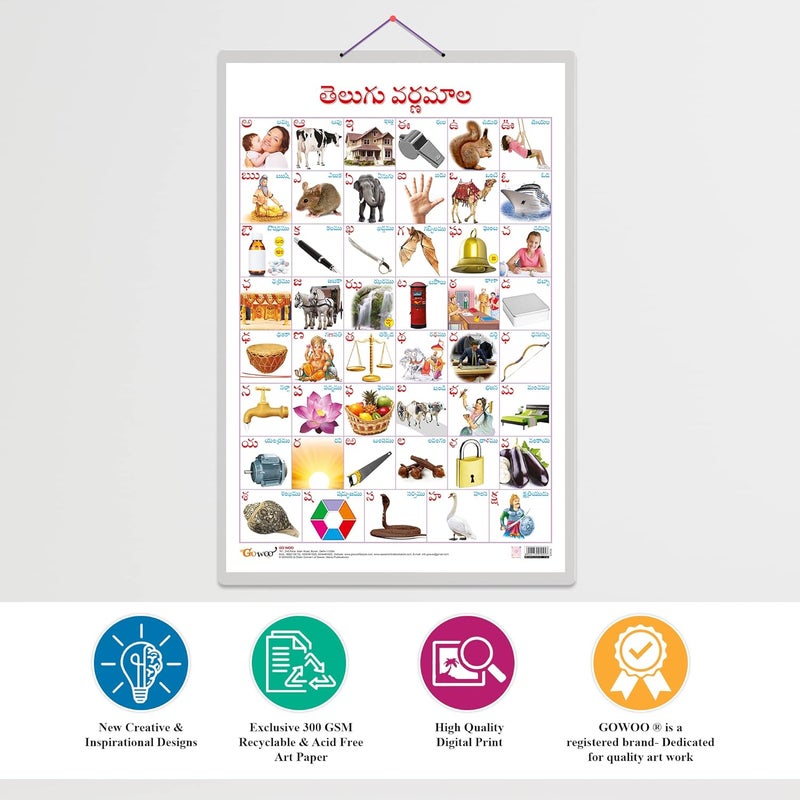 GoWoo Set of 2 Baarahkhadee and Telugu Alphabet (Telugu) Early Learning Educational Charts for Kids | 20"X30" inch |Non-Tearable and Waterproof | Double Sided Laminated | Perfect for Homeschooling, Kindergarten and Nursery Students - Image 4