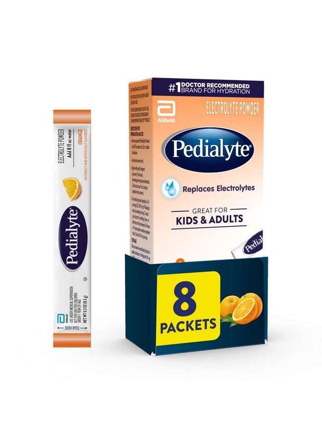 Pedialyte بودرة إلكتروليت بيداليتي، مشروب ترطيب للأطفال والبالغين، برتقال، 8 عبوات بودرة - Image 1