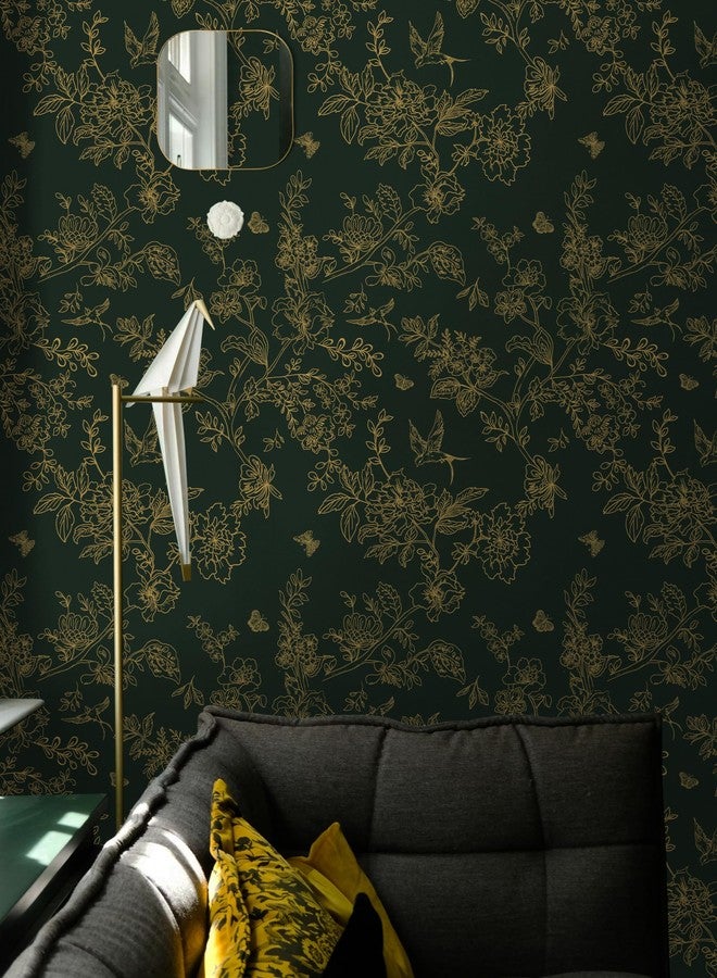 Froluya Gold and Dark Green Wallpaper Peel and Stick Wallpaper Removable 197"x17.7" Boho Vintage Floral Peel and Stick Wallpaper Self Adhesive Wall Paper for Bedroom Cabinets Shelf Liner Vinyl Roll - Image 2