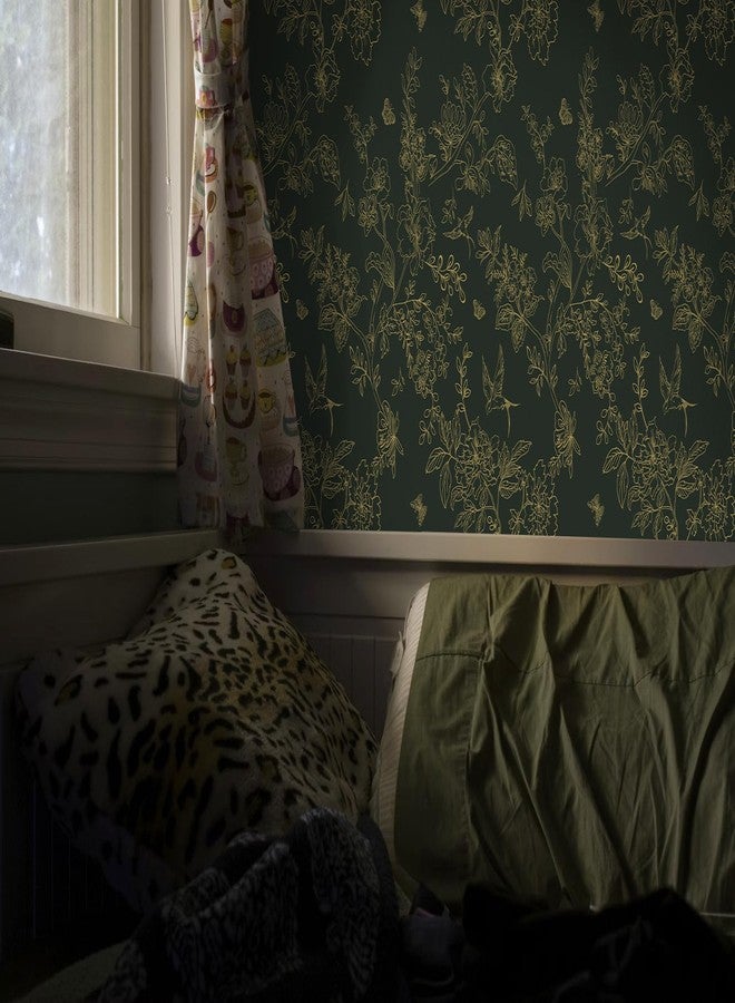 Froluya Gold and Dark Green Wallpaper Peel and Stick Wallpaper Removable 197"x17.7" Boho Vintage Floral Peel and Stick Wallpaper Self Adhesive Wall Paper for Bedroom Cabinets Shelf Liner Vinyl Roll - Image 3