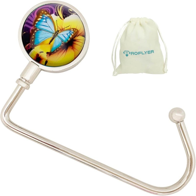 ROFLYER Purse Hook Hanger for Table Bar Long Handbag Hanger Bag Hanger with Velvet Pouch (Blue Butterfly) - Image 1