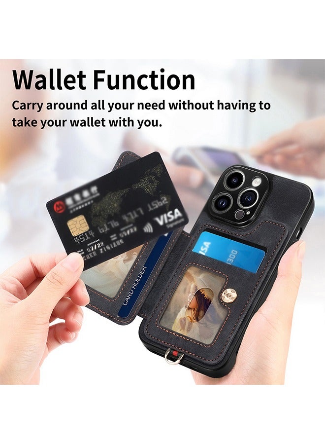 iPhone 15 Pro Wallet Case with Card Holder, Leather Protective Case Purse with RFID Blocking Ring Holder Strap Wrist Kickstand Flip Shockproof Cover Shockproof Magnetic Attraction Black - Image 5