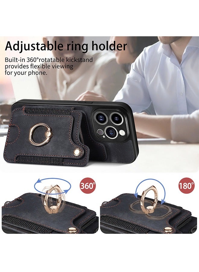 iPhone 15 Pro Wallet Case with Card Holder, Leather Protective Case Purse with RFID Blocking Ring Holder Strap Wrist Kickstand Flip Shockproof Cover Shockproof Magnetic Attraction Black - Image 4