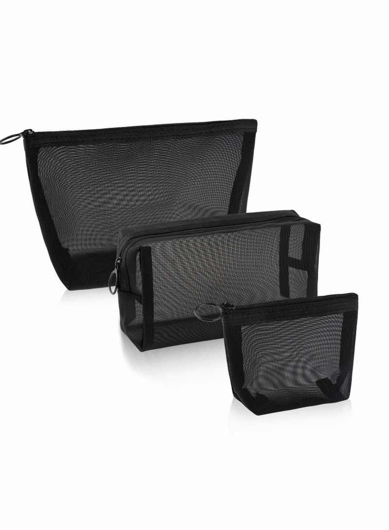 Excefore 3 Pieces Mesh Cosmetic Bag Makeup Bags Black Zipper Pouch for Offices Travel Accessories - Image 1