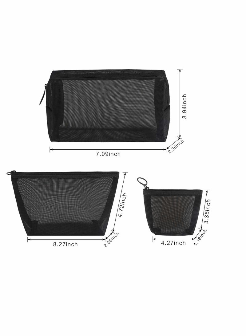 Excefore 3 Pieces Mesh Cosmetic Bag Makeup Bags Black Zipper Pouch for Offices Travel Accessories - Image 5