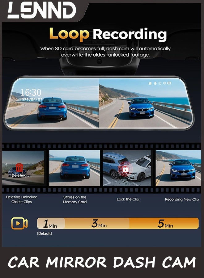 لينند كاميرا داش مرآة السيارة,كاميرا المرآة الأمامية والخلفية,كاميرا النسخ الاحتياطي للسيارات مع شاشة اللمس الكاملة 1080P FHD,كاميرا عكسية مع تسجيل حلقة بث وسائل الإعلام 170 درجة مساعدة موقف السيارات زاوية واسعة - Image 5