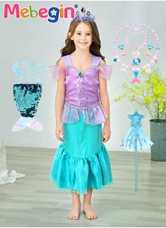 MEBEGIN 9 PCS Mermaid Princess Dress Set, Gorgeous Princess Costume Set with Necklace, Ring, Magic Wand and Other Accessaries, Elegant Princess Dress Up Costume for Girls, Great for Fancy Dress Parties, Birthdays, Prom Outfits and Cosplay Activities  - Image 2